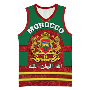 Morocco Proclamation Day Basketball Jersey with Marruecos Coat of Arms and Roses Pattern - African Pride