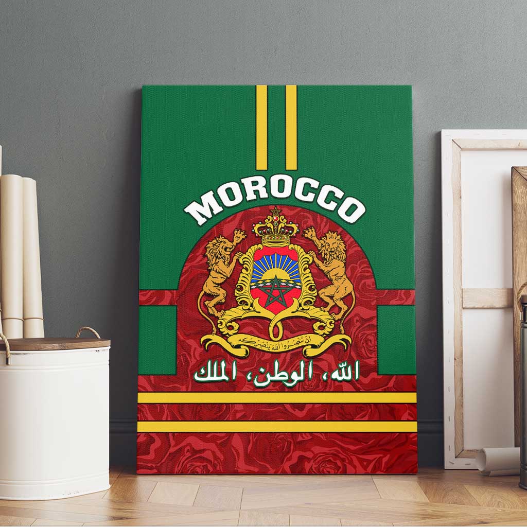 Morocco Proclamation Day Canvas Wall Art with Marruecos Coat of Arms and Roses Pattern