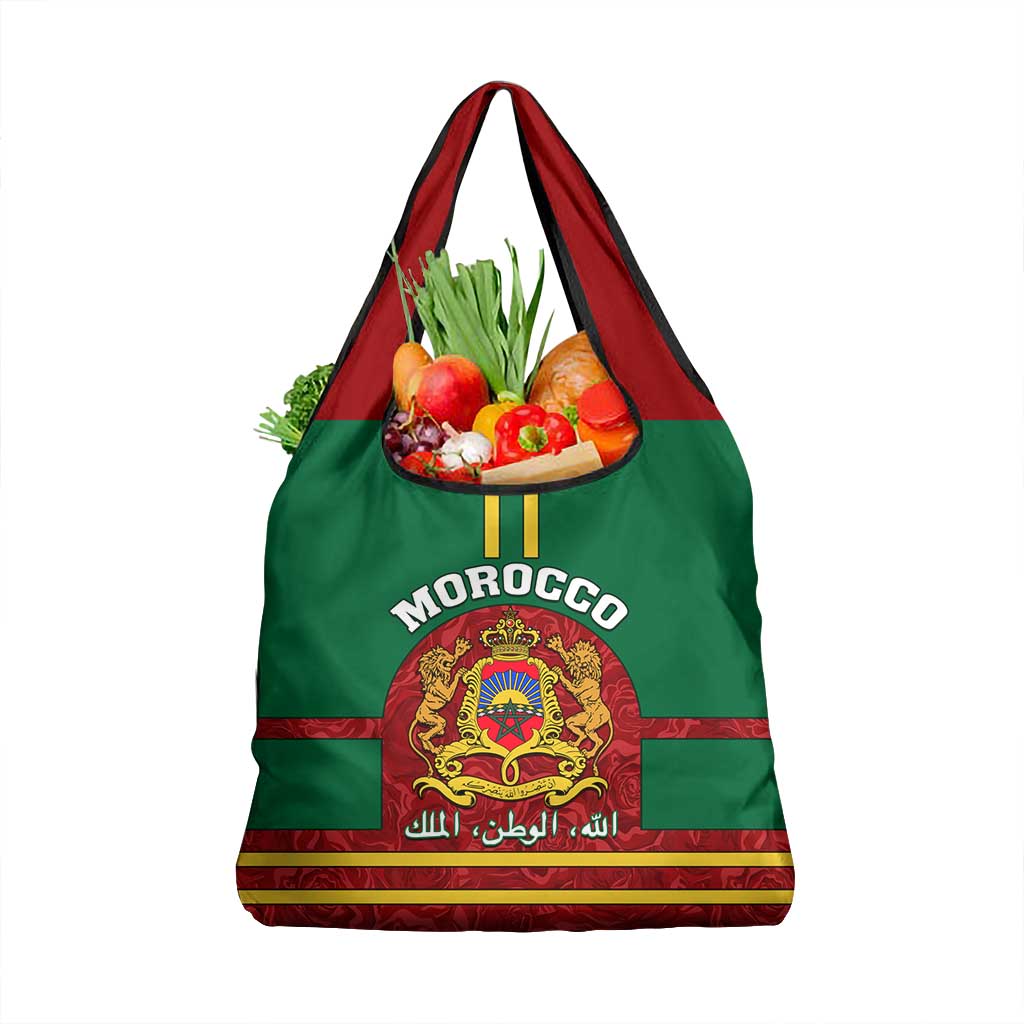 Morocco Proclamation Day Grocery Bag with Marruecos Coat of Arms and Roses Pattern