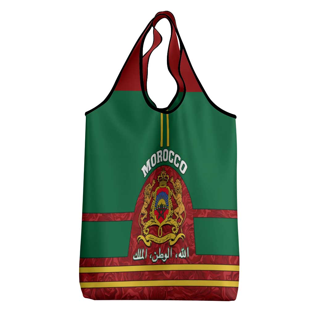 Morocco Proclamation Day Grocery Bag with Marruecos Coat of Arms and Roses Pattern