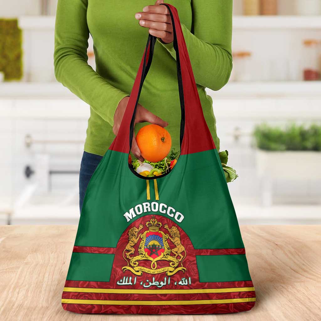Morocco Proclamation Day Grocery Bag with Marruecos Coat of Arms and Roses Pattern