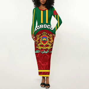 Morocco Proclamation Day Long Sleeve Bodycon Dress with Marruecos Coat of Arms and Roses Pattern LT01