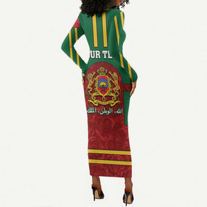 Morocco Proclamation Day Long Sleeve Bodycon Dress with Marruecos Coat of Arms and Roses Pattern LT01