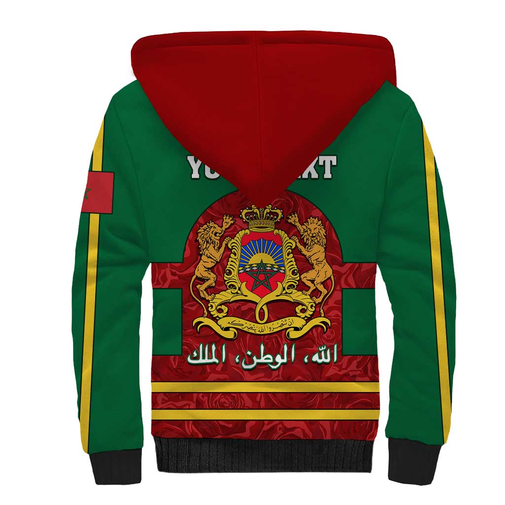 Morocco Proclamation Day Sherpa Hoodie with Marruecos Coat of Arms and Roses Pattern