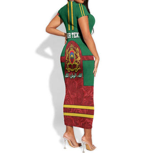 Morocco Proclamation Day Short Sleeve Bodycon Dress with Marruecos Coat of Arms and Roses Pattern LT01