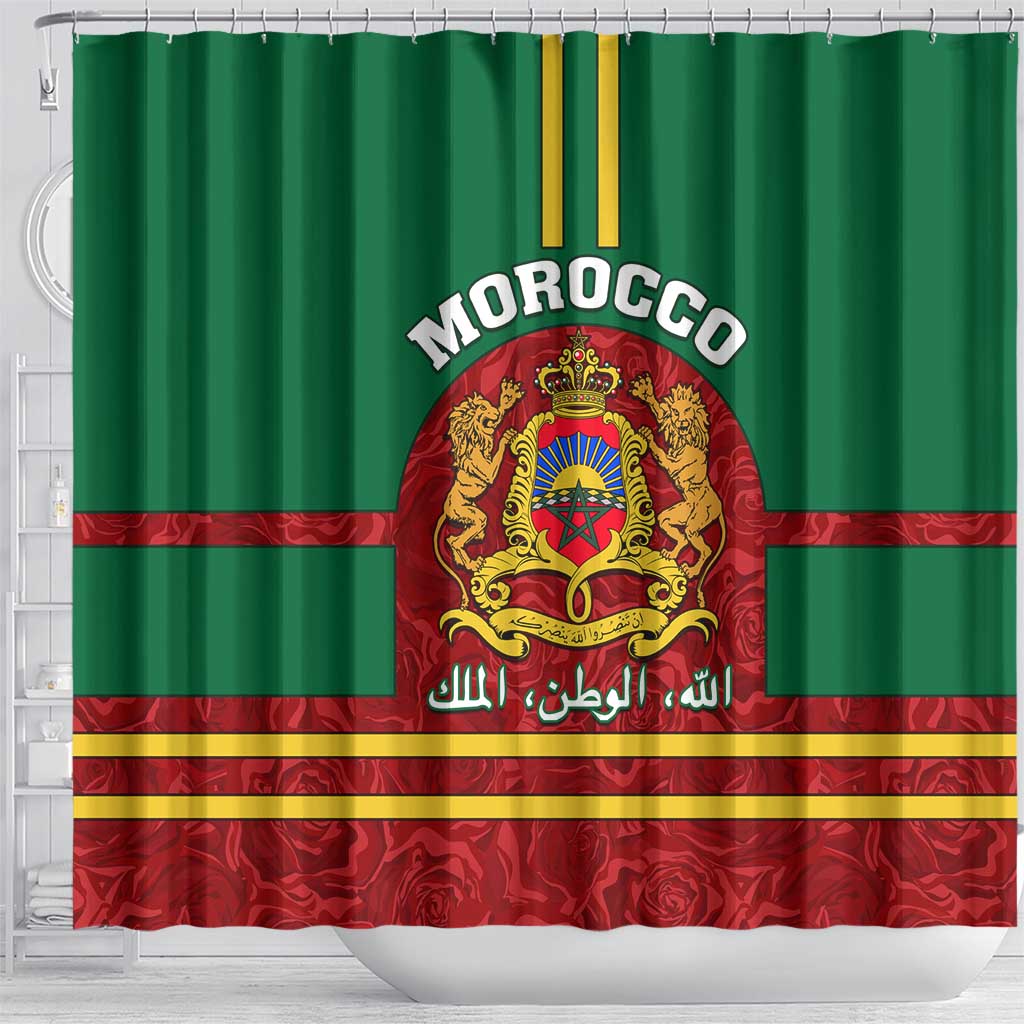 Morocco Proclamation Day Shower Curtain with Marruecos Coat of Arms and Roses Pattern