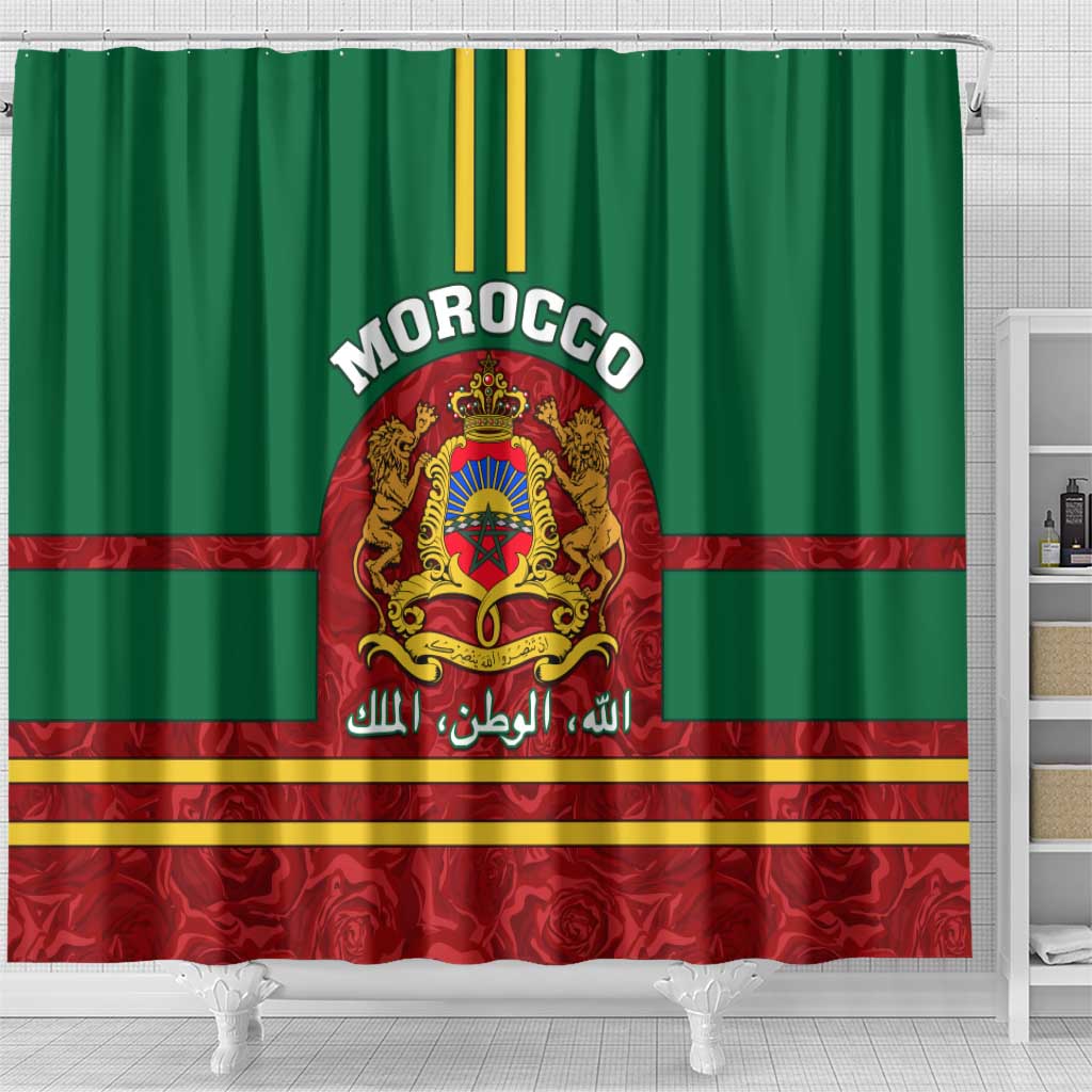 Morocco Proclamation Day Shower Curtain with Marruecos Coat of Arms and Roses Pattern