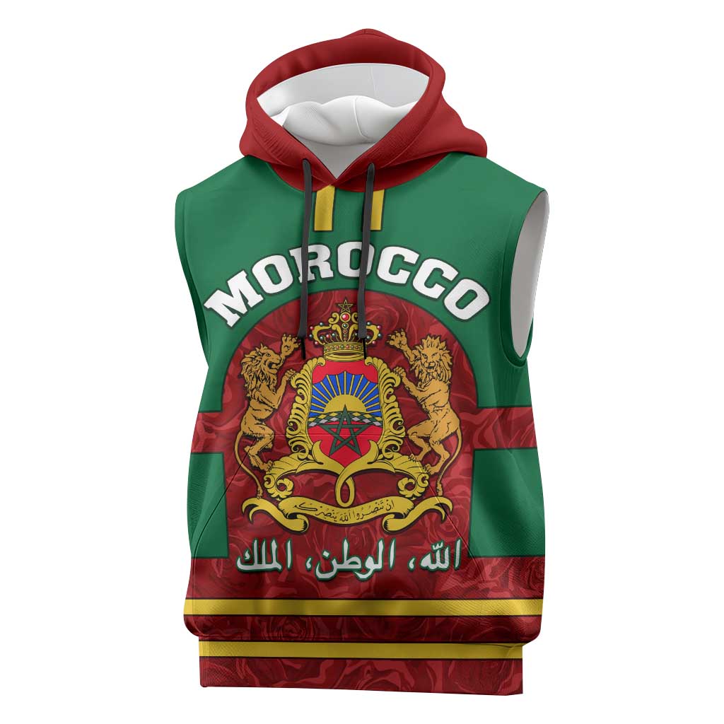 Morocco Proclamation Day Sleeveless Hoodie with Marruecos Coat of Arms and Roses Pattern - African Pride