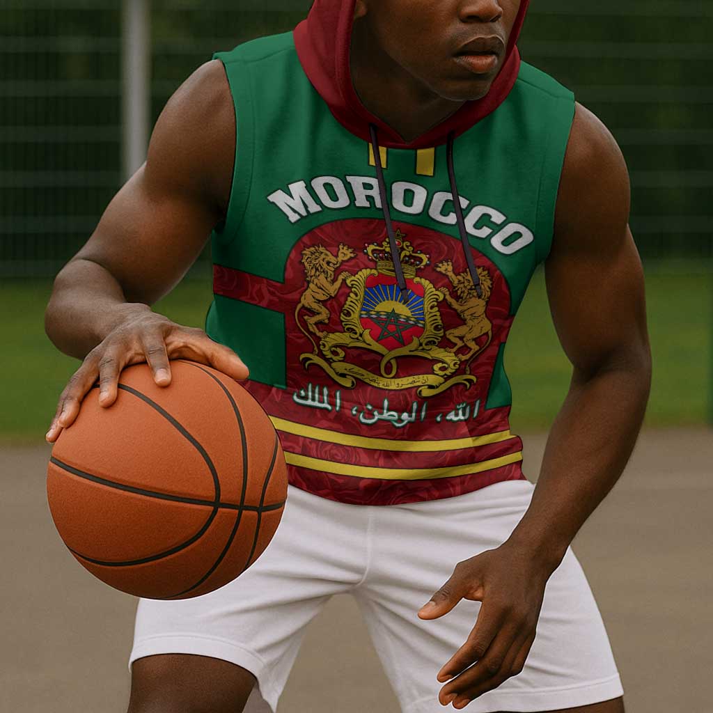 Morocco Proclamation Day Sleeveless Hoodie with Marruecos Coat of Arms and Roses Pattern - African Pride