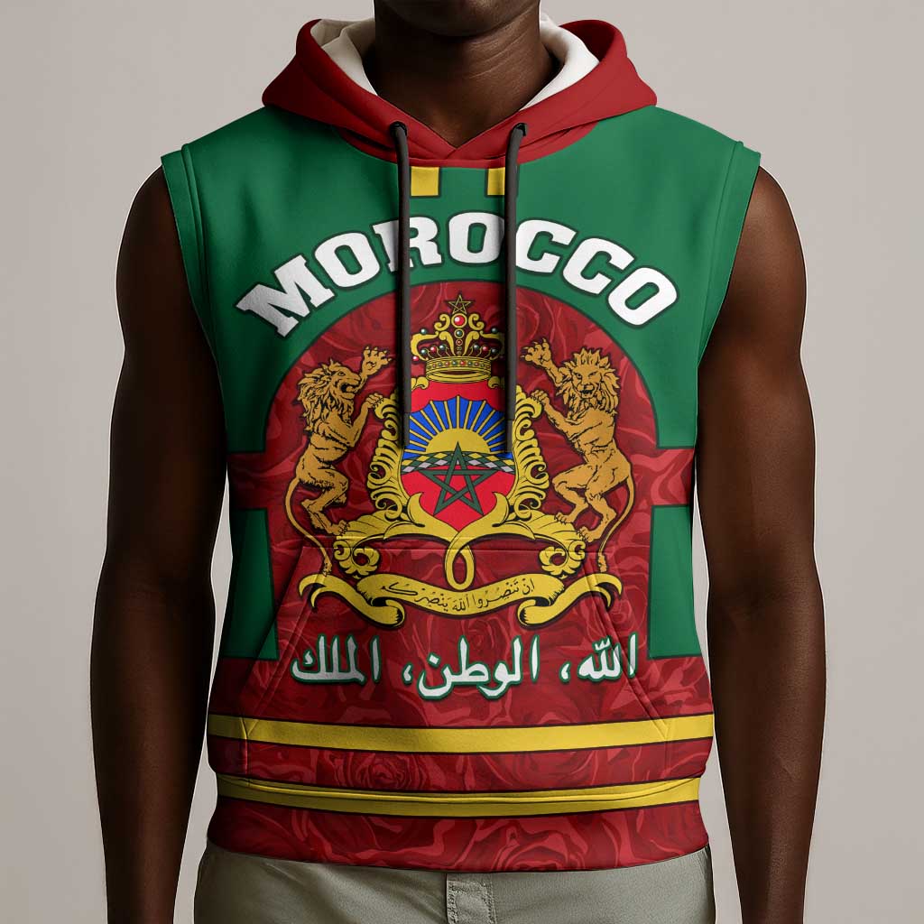 Morocco Proclamation Day Sleeveless Hoodie with Marruecos Coat of Arms and Roses Pattern - African Pride