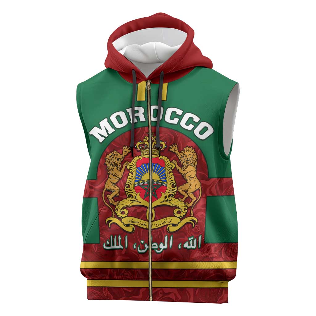 Morocco Proclamation Day Sleeveless Zip Hoodie with Marruecos Coat of Arms and Roses Pattern - African Pride