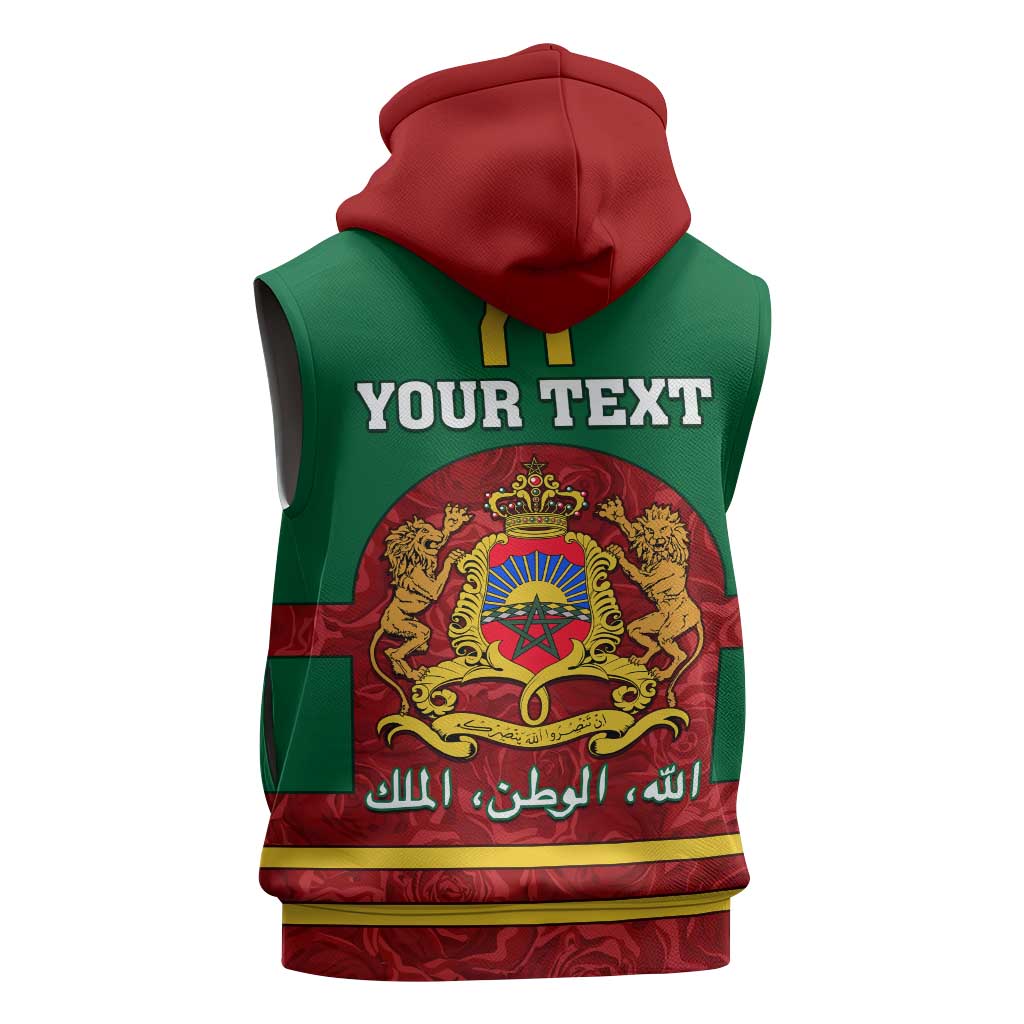 Morocco Proclamation Day Sleeveless Zip Hoodie with Marruecos Coat of Arms and Roses Pattern - African Pride