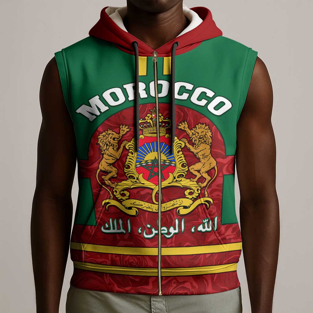 Morocco Proclamation Day Sleeveless Zip Hoodie with Marruecos Coat of Arms and Roses Pattern - African Pride