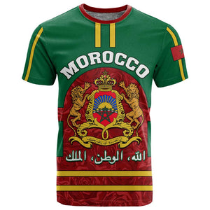 Morocco Proclamation Day T shirt with Marruecos Coat of Arms and Roses Pattern