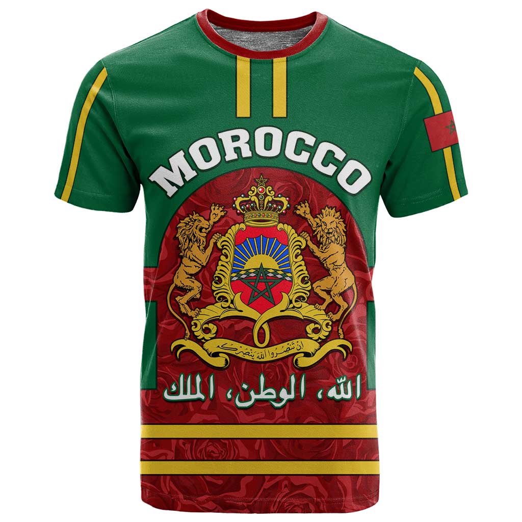 Morocco Proclamation Day T shirt with Marruecos Coat of Arms and Roses Pattern
