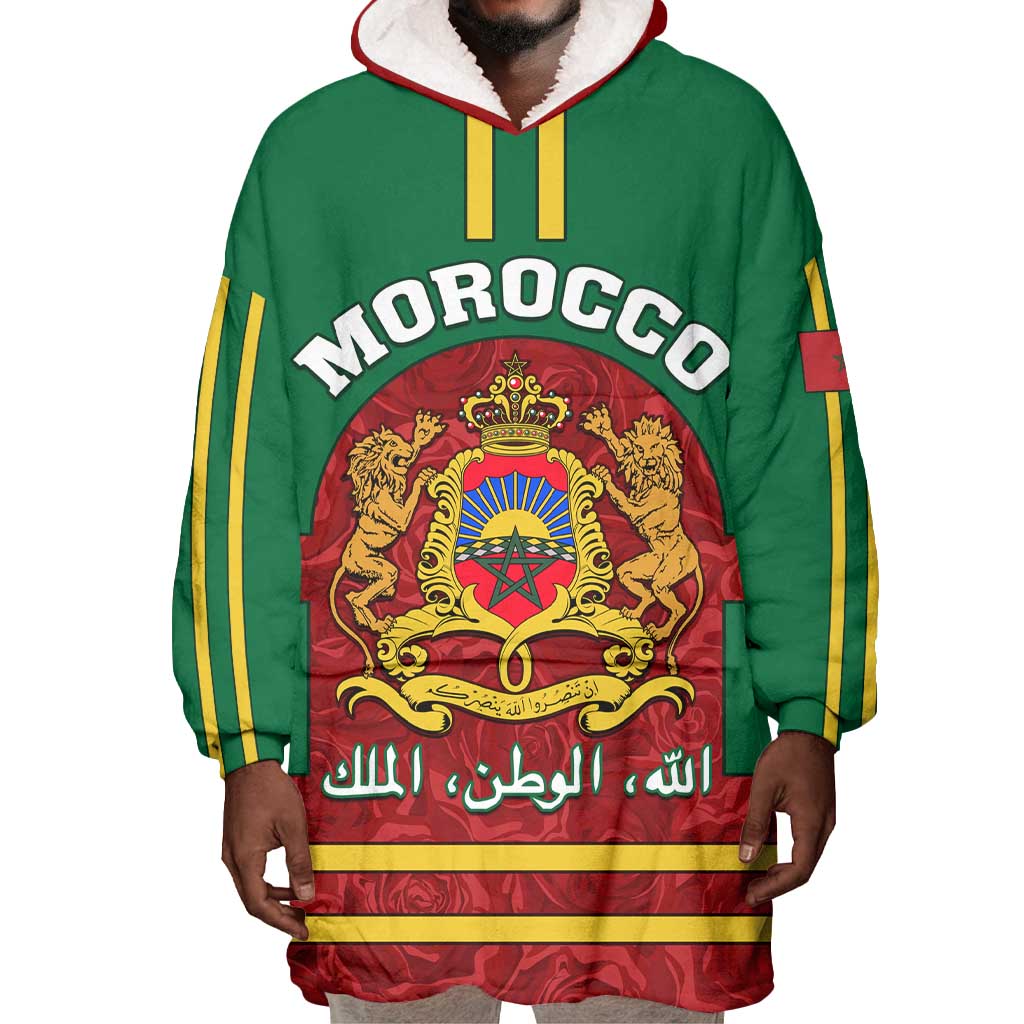Morocco Proclamation Day Wearable Blanket Hoodie with Marruecos Coat of Arms and Roses Pattern