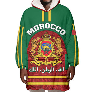 Morocco Proclamation Day Wearable Blanket Hoodie with Marruecos Coat of Arms and Roses Pattern
