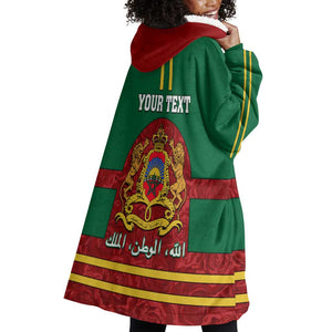 Morocco Proclamation Day Wearable Blanket Hoodie with Marruecos Coat of Arms and Roses Pattern
