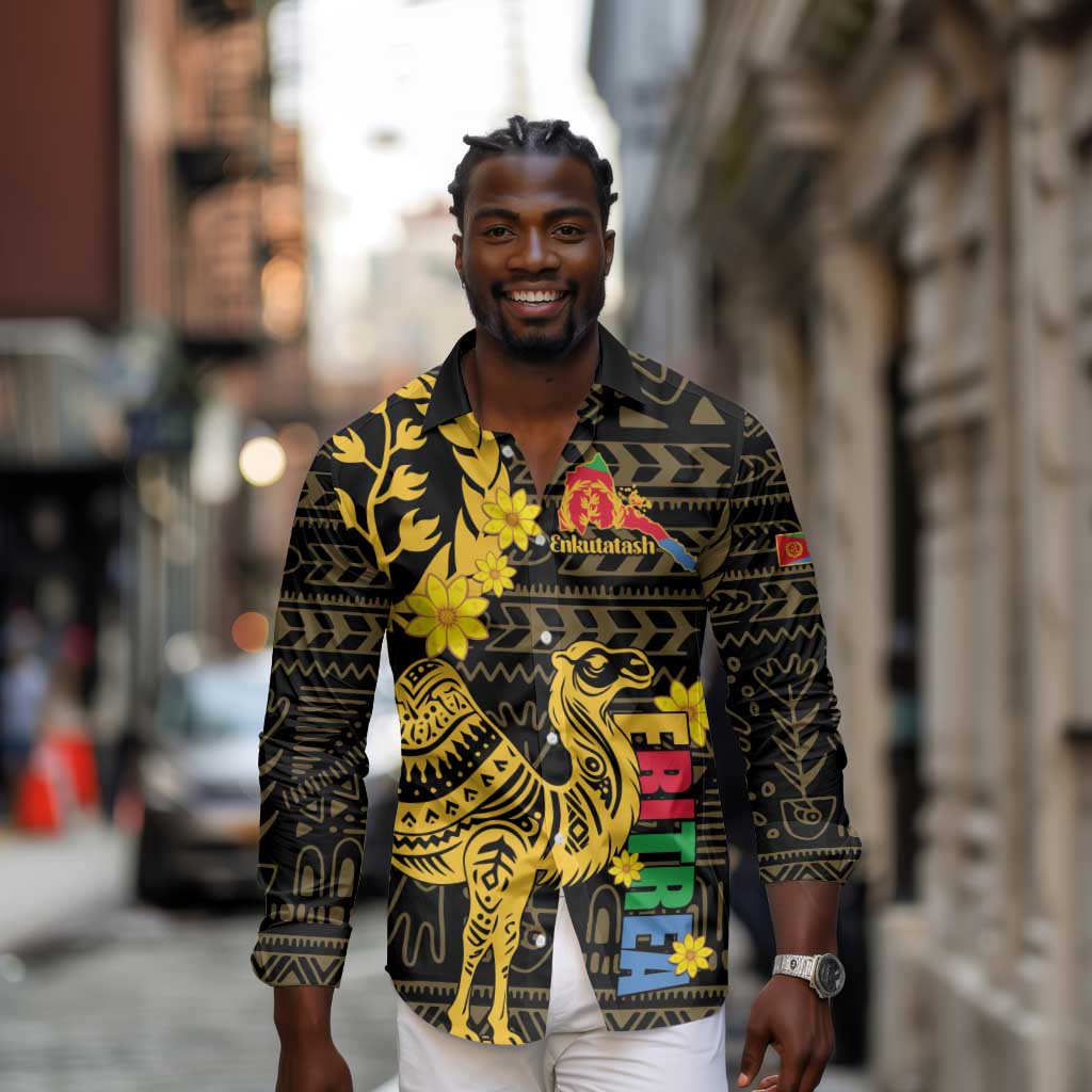 Enkutatash Eritrea New Year Long Sleeve Button Shirt Eritrean Camel African Pattern