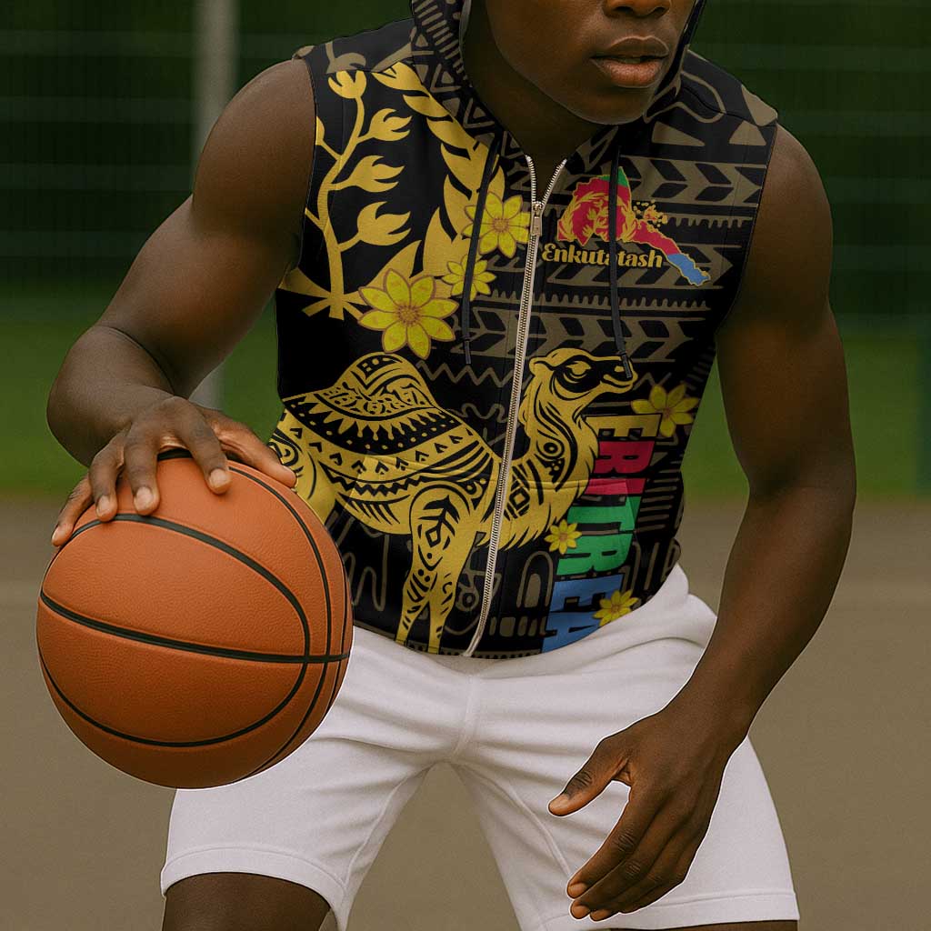Enkutatash Eritrea New Year Sleeveless Zip Hoodie Eritrean Camel African Pattern - African Pride