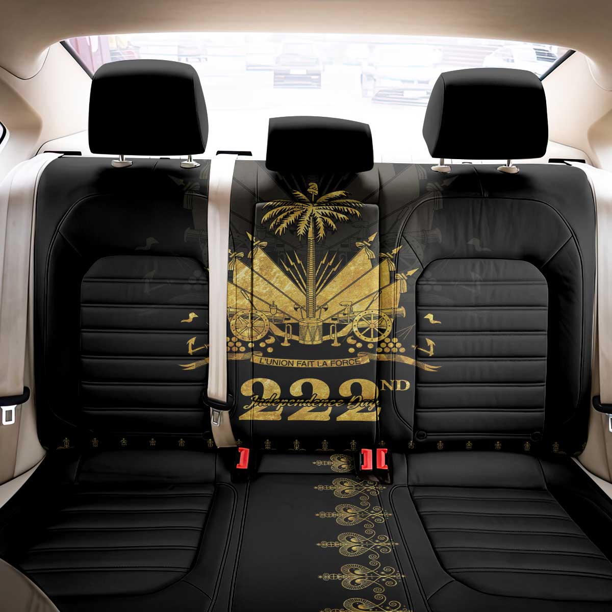 Ayiti 222nd Independence Day Anniversary Back Car Seat Cover Haiti Gold VeVe Pattern - African Pride