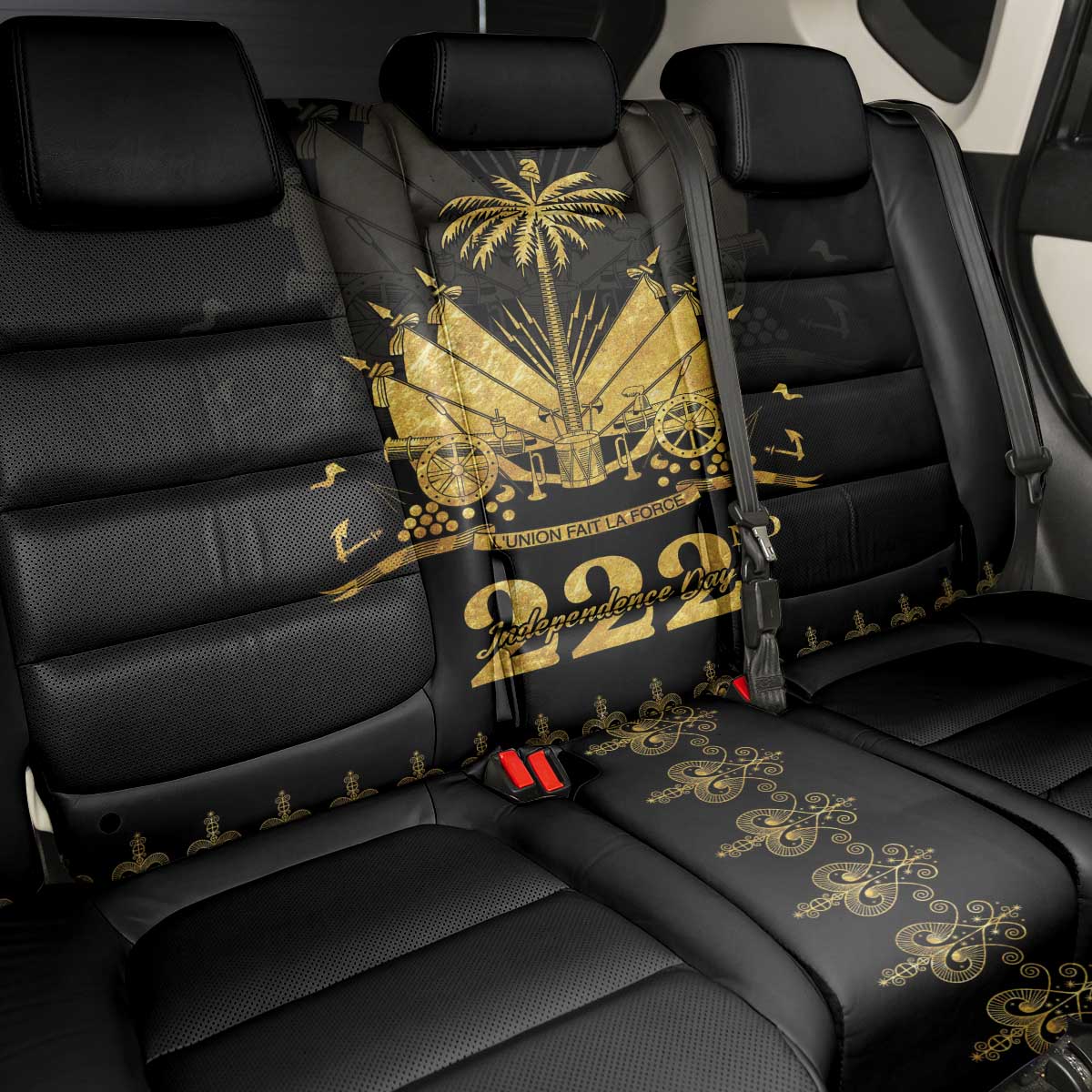 Ayiti 222nd Independence Day Anniversary Back Car Seat Cover Haiti Gold VeVe Pattern - African Pride