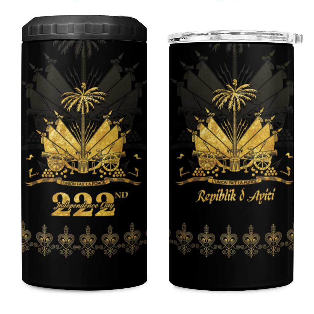 Ayiti 222nd Independence Day Anniversary 4 in 1 Can Cooler Tumbler Haiti Gold VeVe Pattern - African Pride