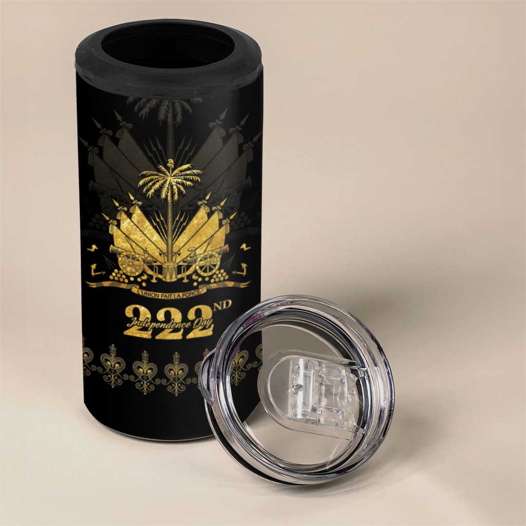 Ayiti 222nd Independence Day Anniversary 4 in 1 Can Cooler Tumbler Haiti Gold VeVe Pattern - African Pride
