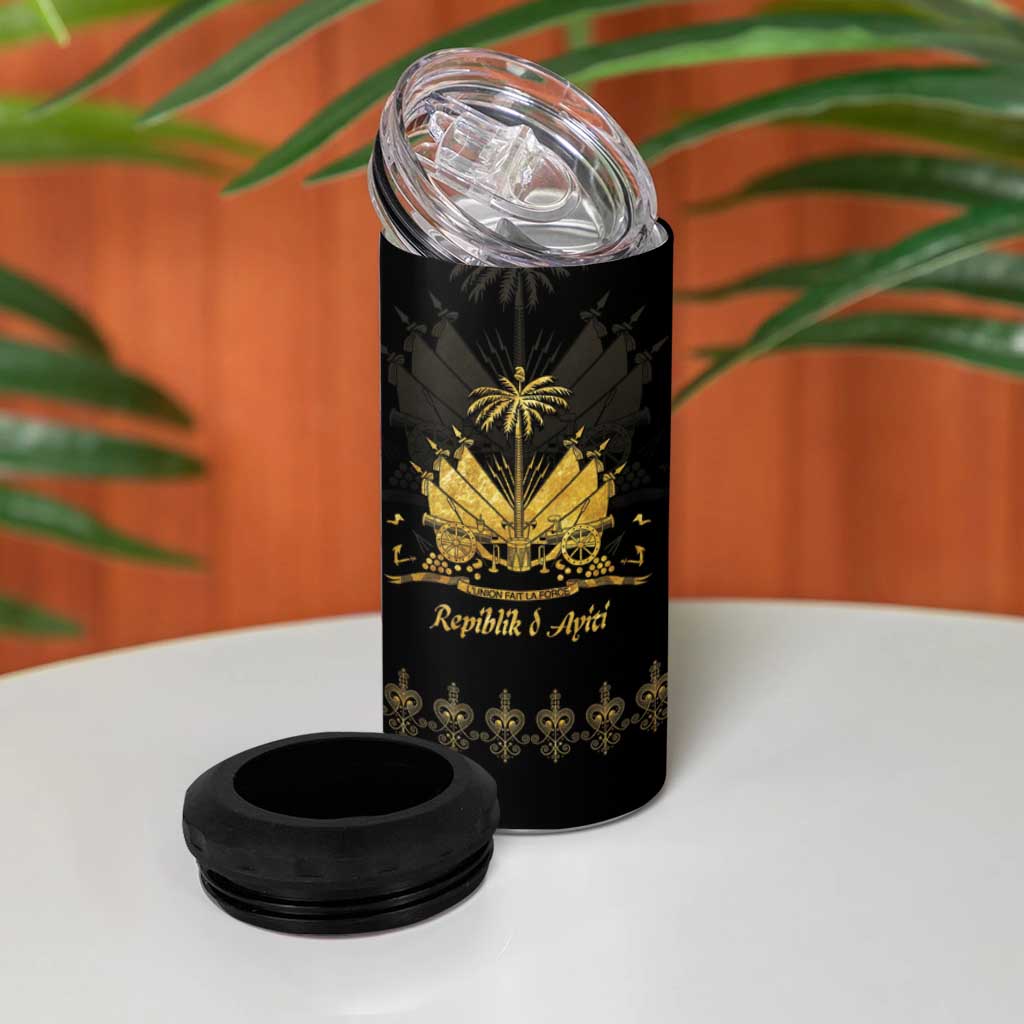 Ayiti 222nd Independence Day Anniversary 4 in 1 Can Cooler Tumbler Haiti Gold VeVe Pattern - African Pride