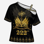 Ayiti 222nd Independence Day Anniversary Cross Shoulder Shirt Haiti Gold VeVe Pattern - African Pride