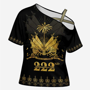 Ayiti 222nd Independence Day Anniversary Cross Shoulder Shirt Haiti Gold VeVe Pattern - African Pride
