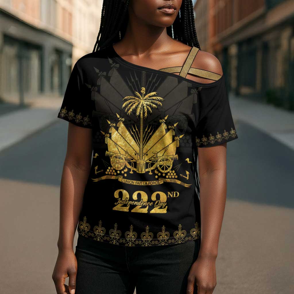Ayiti 222nd Independence Day Anniversary Cross Shoulder Shirt Haiti Gold VeVe Pattern - African Pride