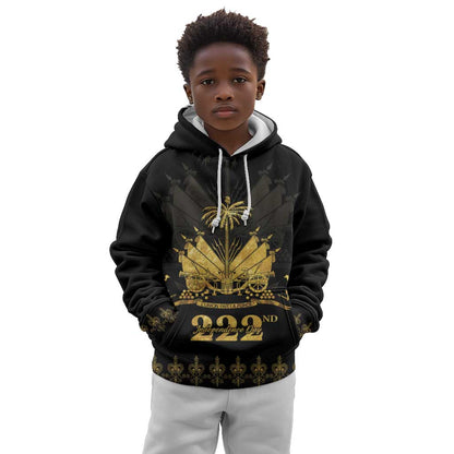 Ayiti 222nd Independence Day Anniversary Kid Hoodie Haiti Gold VeVe Pattern - African Pride