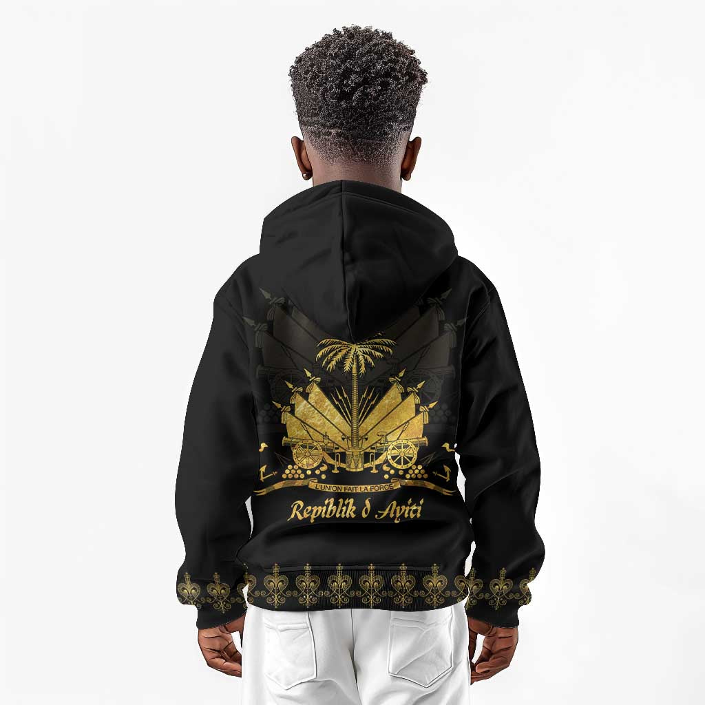 Ayiti 222nd Independence Day Anniversary Kid Hoodie Haiti Gold VeVe Pattern - African Pride