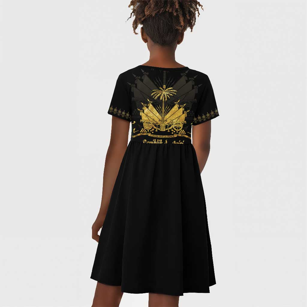 Ayiti 222nd Independence Day Anniversary Kid Short Sleeve Dress Haiti Gold VeVe Pattern LT01