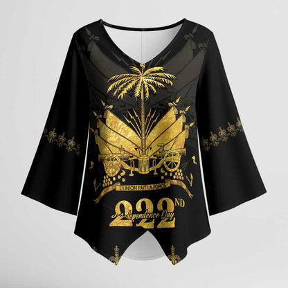 Ayiti 222nd Independence Day Anniversary Kimono Sleeve Blouse Haiti Gold VeVe Pattern - African Pride