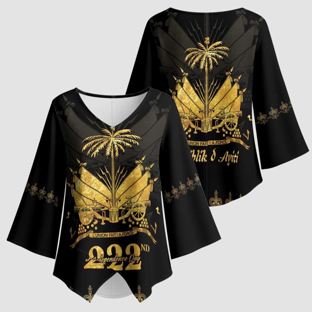 Ayiti 222nd Independence Day Anniversary Kimono Sleeve Blouse Haiti Gold VeVe Pattern - African Pride