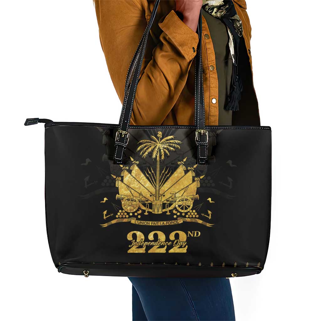Ayiti 222nd Independence Day Anniversary Leather Tote Bag Haiti Gold VeVe Pattern - African Pride