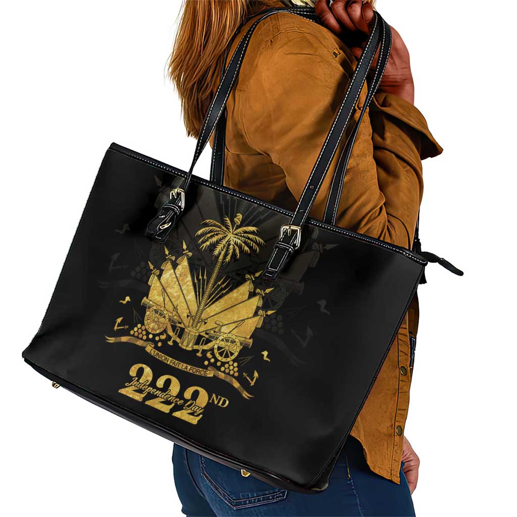 Ayiti 222nd Independence Day Anniversary Leather Tote Bag Haiti Gold VeVe Pattern - African Pride