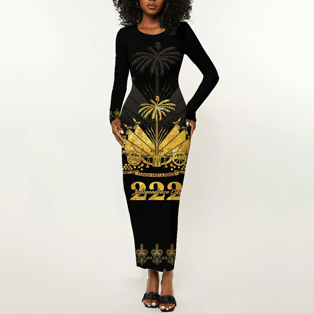 Ayiti 222nd Independence Day Anniversary Long Sleeve Bodycon Dress Haiti Gold VeVe Pattern - African Pride