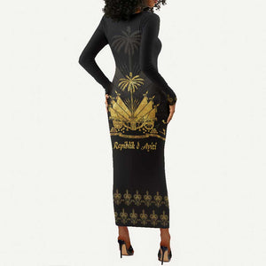 Ayiti 222nd Independence Day Anniversary Long Sleeve Bodycon Dress Haiti Gold VeVe Pattern - African Pride