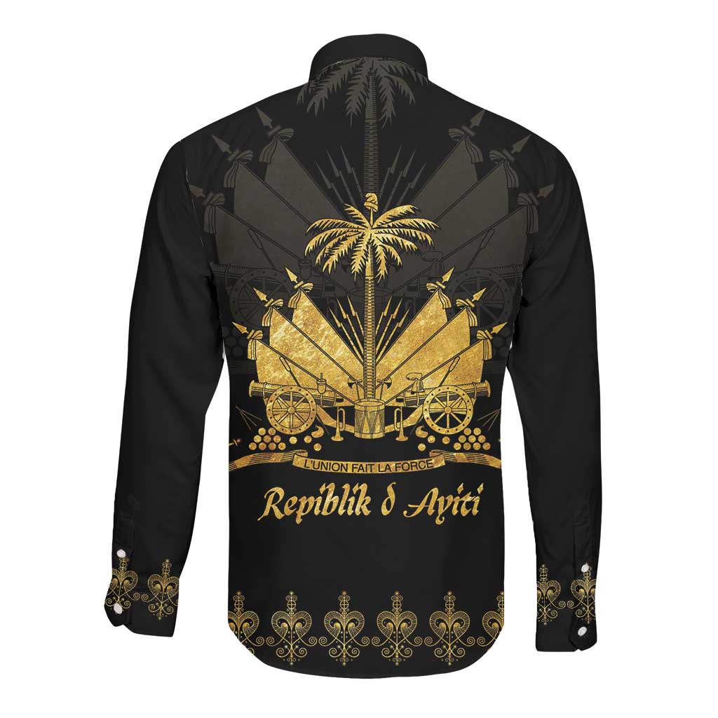 Ayiti 222nd Independence Day Anniversary Long Sleeve Button Shirt Haiti Gold VeVe Pattern - African Pride