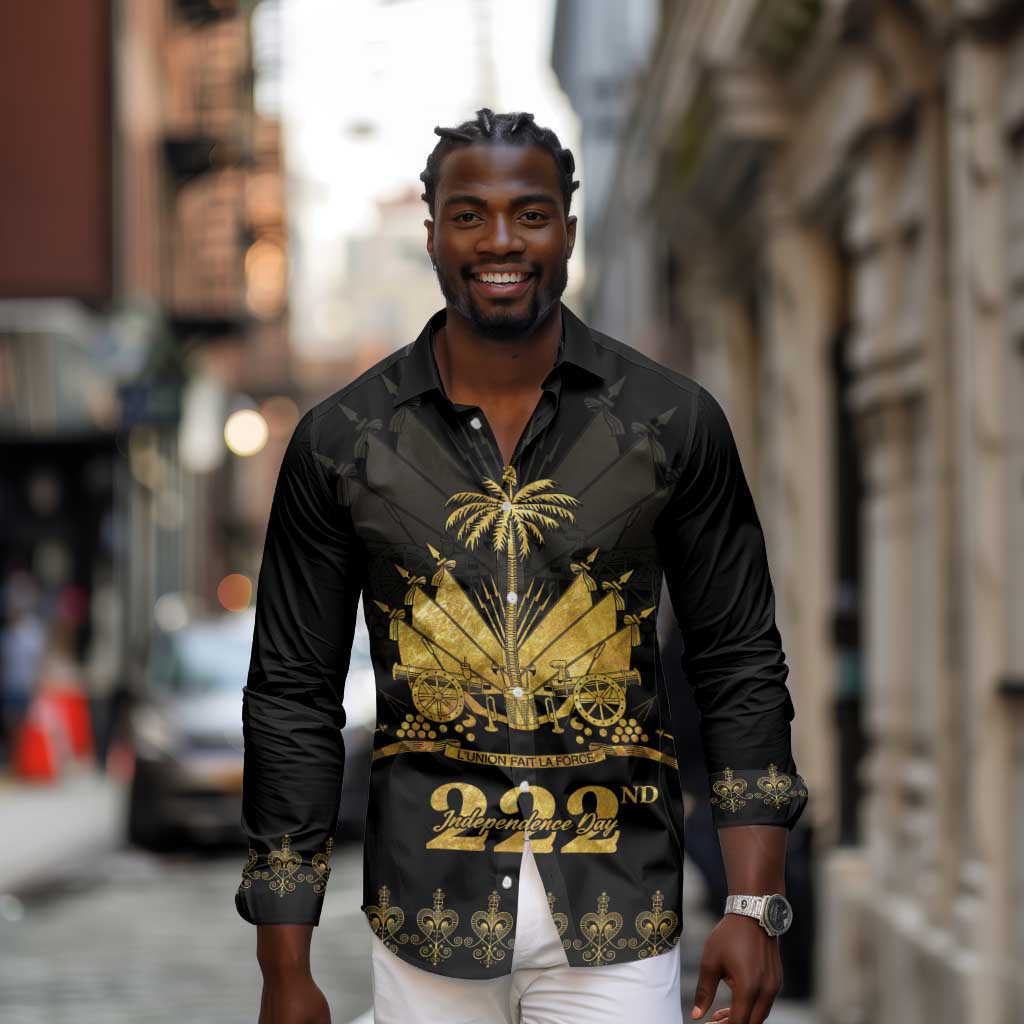 Ayiti 222nd Independence Day Anniversary Long Sleeve Button Shirt Haiti Gold VeVe Pattern - African Pride