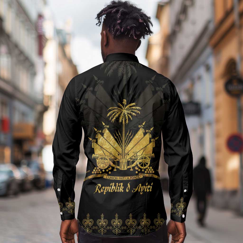 Ayiti 222nd Independence Day Anniversary Long Sleeve Button Shirt Haiti Gold VeVe Pattern - African Pride