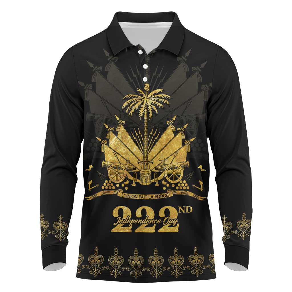 Ayiti 222nd Independence Day Anniversary Long Sleeve Polo Shirt Haiti Gold VeVe Pattern - African Pride