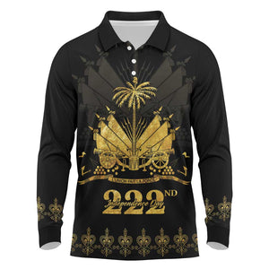 Ayiti 222nd Independence Day Anniversary Long Sleeve Polo Shirt Haiti Gold VeVe Pattern - African Pride