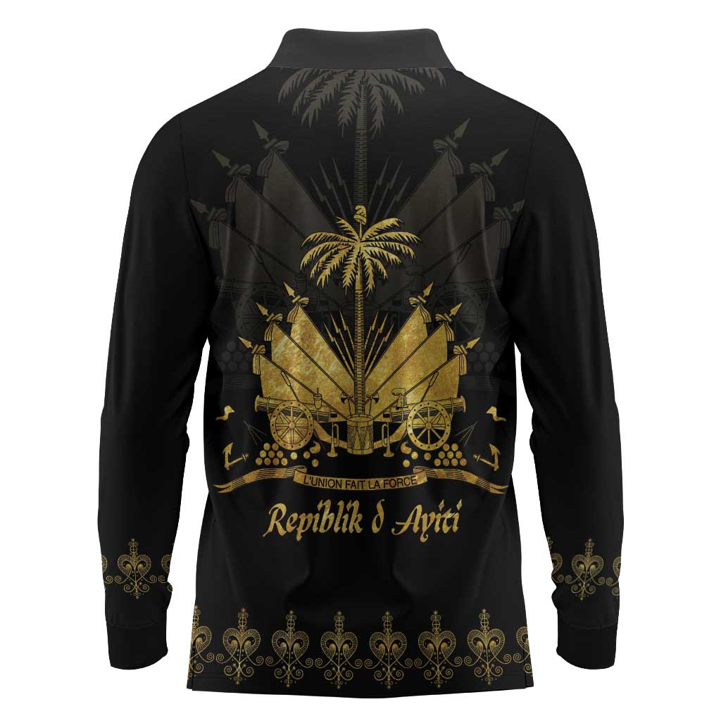 Ayiti 222nd Independence Day Anniversary Long Sleeve Polo Shirt Haiti Gold VeVe Pattern - African Pride