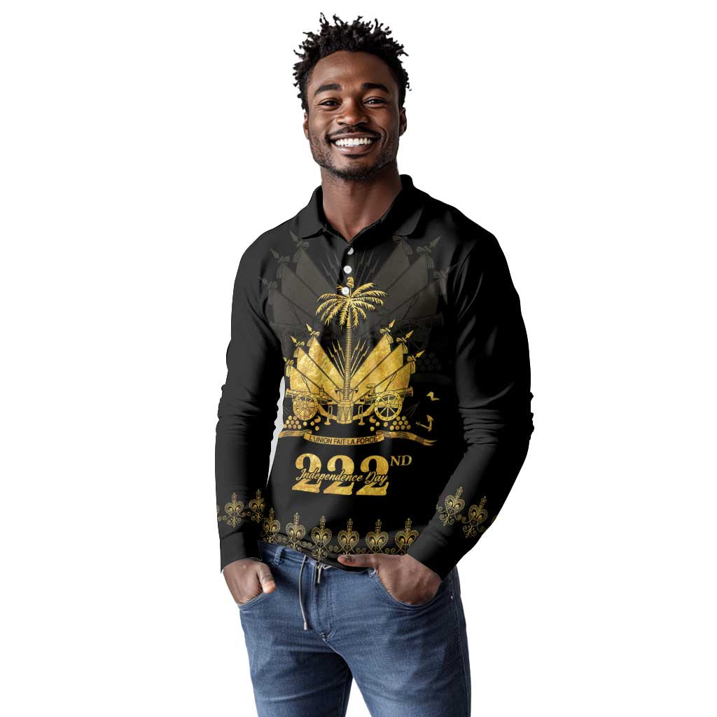 Ayiti 222nd Independence Day Anniversary Long Sleeve Polo Shirt Haiti Gold VeVe Pattern - African Pride