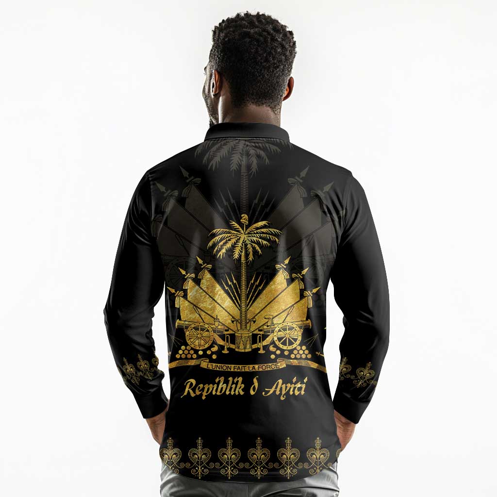 Ayiti 222nd Independence Day Anniversary Long Sleeve Polo Shirt Haiti Gold VeVe Pattern - African Pride