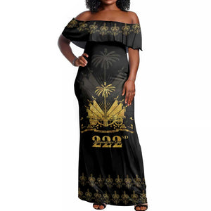 Ayiti 222nd Independence Day Anniversary Off Shoulder Maxi Dress Haiti Gold VeVe Pattern - African Pride
